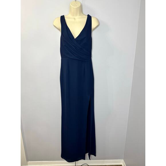 Fame Partners Drape V Neck Navy Blue Midi Dress Bridesmaid Women's 4 New